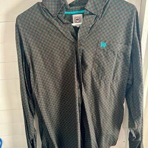 Cinch Men's Teal and Brown Patterned Dress Shirt